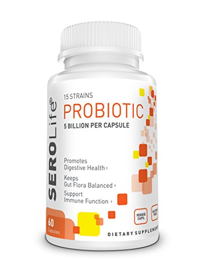SEROLIFE Probiotics Supplement 15 Strains, 5 Billion per Capsule. 60 Vegetarian Capsules. Women, Men, support digestive & immune systems. 1 month supply.