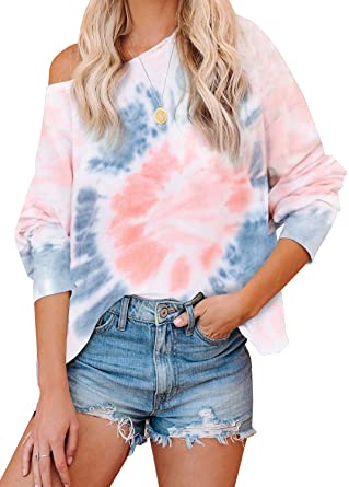BLENCOT Women's Tie Dye Printed Long Sleeve Sweatshirt Round Neck Casual Loose Pullover Tops Shirts