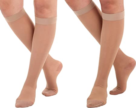 (6 Pairs) Made in USA - Size Large - Sheer Compression Socks for Women Circulation 15-20mmHg - Lightweight Long Compression Knee Hi Support Stockings for Ladies - Beige & Natural
