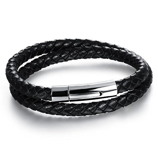 JOEYOUNG Fashion Jewelry Braided Black Leather Mens Bracelet with Locking Stainless Steel Clasp for Men and Women