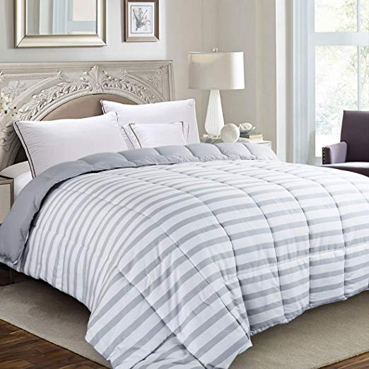 EDILLY Luxury Down Alternative Quilted King Comforter-Stand Alone Comforter for King Size Bed,Year Round Duvet Insert with 4 Corner Tabs Gray White Stripe