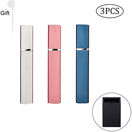 3pcs 12ml Perfume Atomiser Bottles   Gift Box, Basicon Stylish Refillable Perfume Bottle with Tool (Silver, Pink and Blue Colors), Fits In Your Purse, Pocket or Luggage