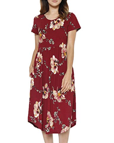 Foshow Womens Short Sleeve Dresses Floral Empire Waist Midi Vintage Summer Dress with Pockets