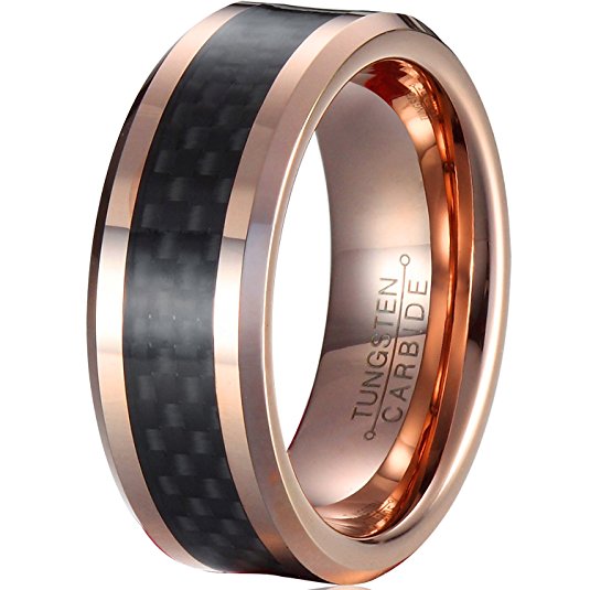 MNH 8mm Mens Tungsten Wedding Band Rose Gold Plated Carbon Fiber Center Beveled Polished Wedding Rings