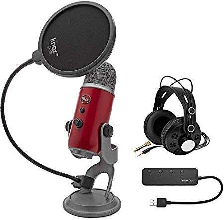 Blue Yeti USB Microphone (Red) bundle with Knox Gear Pop Filter, 3.0 4 Port USB Hub and Studio Headphones (4 Items)