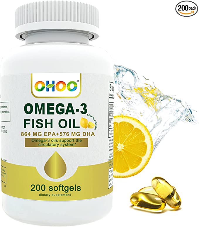 OHOO Omega-3 Fish Oil 2400mg, Supplement with EPA 864mg & DHA 576mg, Lemon Flavor, Burpless, Supports Brain & Joint & Heart Health-Non GMO, Gluten Free, Dietary Supplements, 200 Softgels