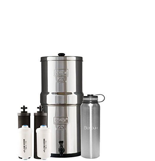 Big Berkey Water Filter System includes Black Filters and Fluoride Filters (2.25 Gallon) bundled with Boroux 40 oz Stainless Steel Double Wall Bottle