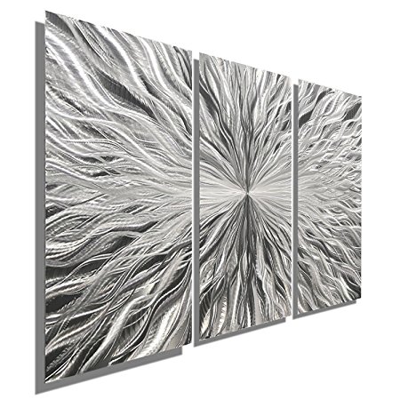 Silver Modern Abstract Metal Wall Art Sculpture - Multi Panel Tryptych Home Décor by Jon Allen - Vortex 3P - 38" x 24"