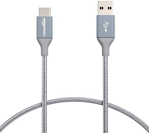 AmazonBasics Double Braided Nylon USB Type-C to Type-A 2.0 Male Charger Cable | 1 foot, Dark Grey