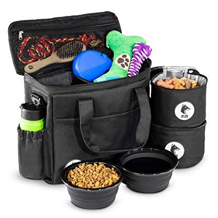 Top Dog Travel Bag - Airline Approved Travel Set for Dogs Stores All Your Dog Accessories - Includes Travel Bag, 2X Food Storage Containers and 2X Collapsible Dog Bowls - Black