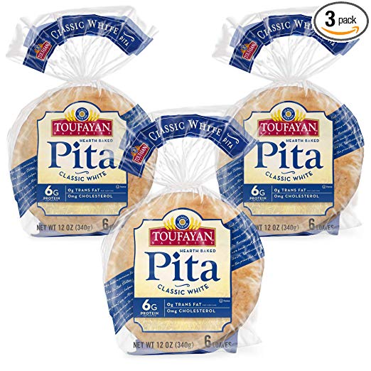Toufayan Bakery, Classic Plain White Pita Bread for Sandwiches, Meats, Salads, Cheeses and Snacks, Cholesterol Free and No Trans Fats (White, 3 Pack)