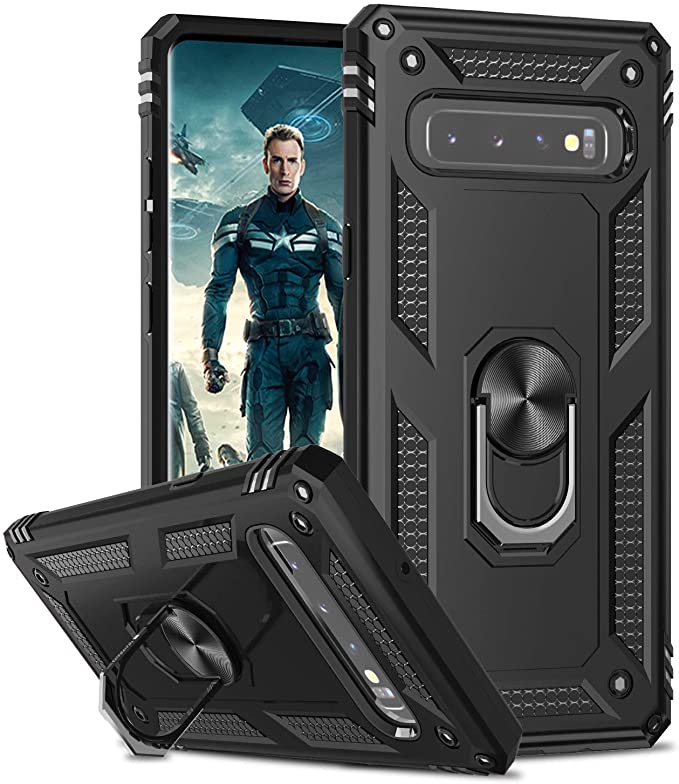 LeYi Galaxy S10 PLus Case with Ring Holder, Full Body Protective Silicone TPU Personalised Shockproof Tough Armour Phone Cover with Screen Protector for Samsung Galaxy S10 PLus Black