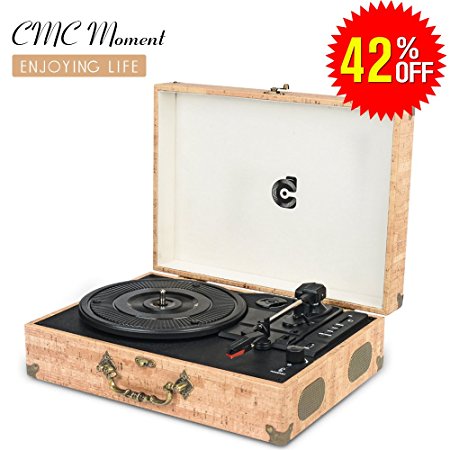 CMC Portable Bluetooth 3 Speed Turntable with Built in Stereo Speakers, Vintage Style Vinyl Record Player,Khaki