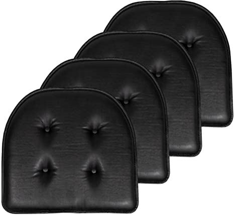 Sweet Home Collection Chair Cushion Memory Foam Pads Tufted Slip Non Skid Rubber Back U-Shaped 17" x 16" Seat Cover, 4 Pack, Faux Leather Black