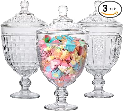 Woaiwo-q Candy Jar Set of 3,Apothecary Jar with Lid, Crystal Candy Jar, Decorative Footed Candy Jar, Cookie Jar, for Candy Buffet, Kitchen, Home, Wedding (27oz)