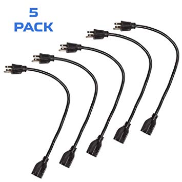 5 Pack of 3Ft Black Extension Cords - 16/3 SJT Electrical Extension Cord Set