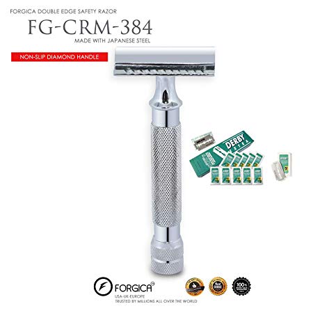 Forgica Shaves | Double Edge Single Blade Safety Razor Kit | Classic Razor | Smooth Shave without Razor Burns | Excellent Gift Idea | Includes: Case & Derby 40 Blades | Silver