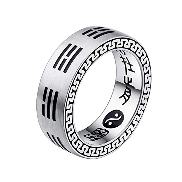 HIJONES Men's Stainless Steel Yin Yang Tai Chi Amulet Taoist Mantra Ring 7mm Silver Band