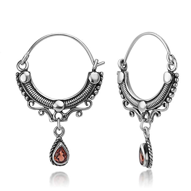 925 Oxidized Sterling Silver Open Filigree Bali Inspired Rope Red Garnet Half Hoop Earrings 1.1"