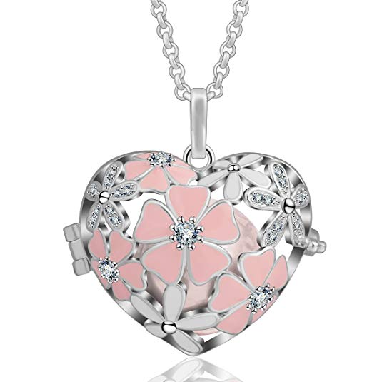 AEONSLOVE Pink Cherry Blossom Cubic Zirconia Harmony Ball Chime Bell Pendant Necklace, 30'' Chain, Gifts for Women
