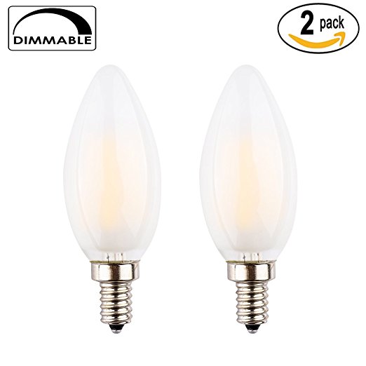 Pack of 2, C35 6W(60W Incandescent Equivalent) LED Candelabra Bulb, LED Filament Lamp, E12 Base, Warm White 2700K, Dimmable, Frosted Glass, Torpedo Tip