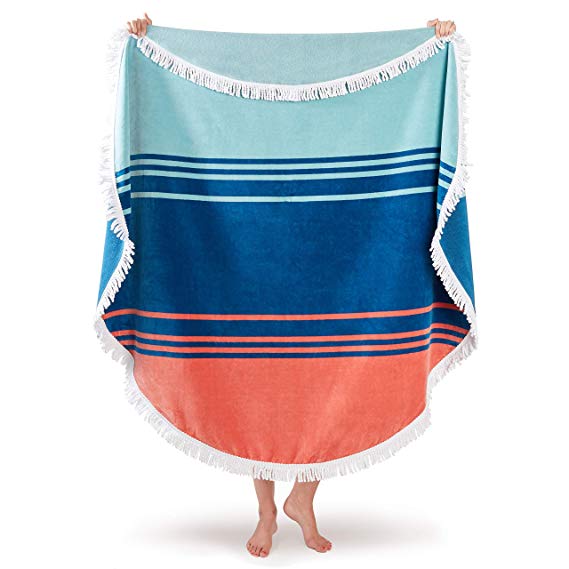 Luxury Thick Round Cabana Beach Towel by Laguna Beach Textile Co | Coral Sunset | 5 Foot Diameter | Woven Jacquard for Soft, Fade Proof Beach & Pool Use