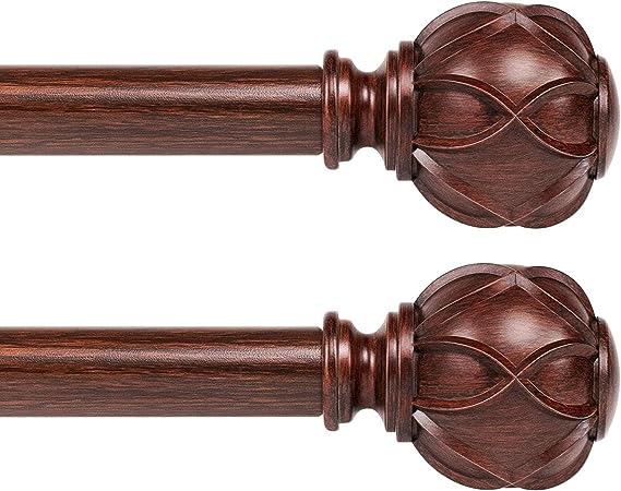 KAMANINA 1 Inch Curtain Rod Telescoping Single Drapery Rod 28 to 48 Inches (2.3-4 Feet) 2 Pack Curtain Rods for Windows 16 to 44 Inches, Netted Texture Finials, Red Imitation Wood Grain