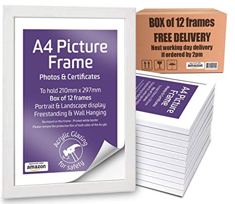A4 White Frames - Box of 12 - Standing and Wall Hanging - Acrylic Glazing 210 x 297mm