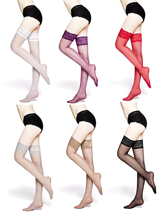 MOOCHI Women 20 Denier Ultra Sheer Thigh High Stockings with Silicone Lace Top
