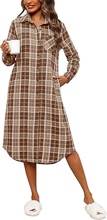 Ekouaer Women's Nightgown Plaid Flannel Warm Cotton Christmas Nightgown Sleep Shirt Button-Front Nightshirt Sleepwear