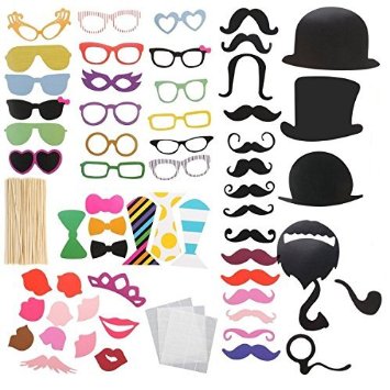 Ohuhu Photo Booth Props 58 piece DIY Kit for Wedding Party Reunions Birthdays Photobooth Dress-up Accessories and Party Favors Costumes with Mustache on a stick Hats Glasses Mouth Bowler Bowties