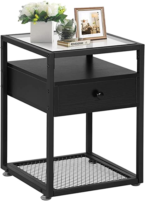 VECELO Modern Nightstands,End Side Drawer,Bedside Table with Tempered Glass Top and Metal Shelf, Decoration for Living Room Bedroom Lounge,Black