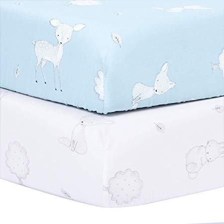 TILLYOU Bamboo Crib Sheets Set Woodland, Printed Toddler Bed Sheets for Baby Girls and Boys, Hypoallergenic Soft Breathable, 28"x52", 2 Pack Fairy Messenger (Blue & White)