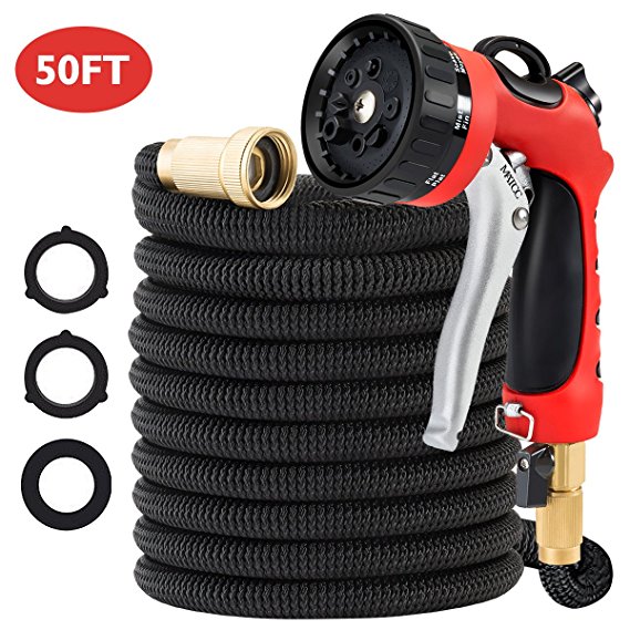 MATCC 50FT Garden Hose All New Expandable Water Hose Expanding Hose, Metal 8 Function Heavy Duty Spray Nozzle and Storage Bag Included for Watering Plants, Car, Pets and Cleaning