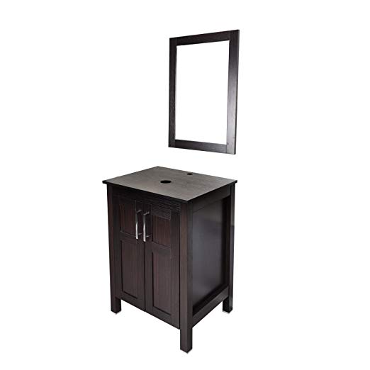 24 Inches Bathroom Vanity, Modern Stand Pedestal Cabinet, Wood Dark Coffee Fixture, with Mirror & 2 Doors (Vessel sink not include)