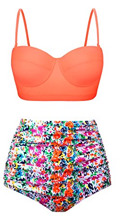 Fancyskin Sexy Women's High Waisted Swimsuit Bathing Suits Vintage Two Piece Halter Underwired Bikini Top Swimsuit