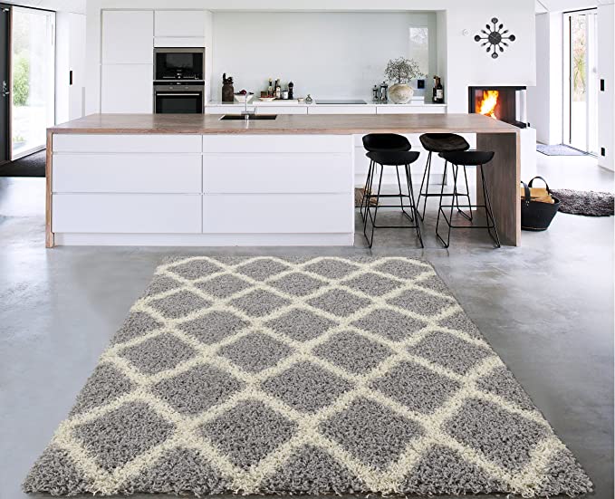 Sweet Home Stores Cozy Shag Collection Grey and Cream Moroccan Trellis Design Shag Rug (5'0'' X 7'0") Contemporary Living and Bedroom Soft Shaggy Area Rug