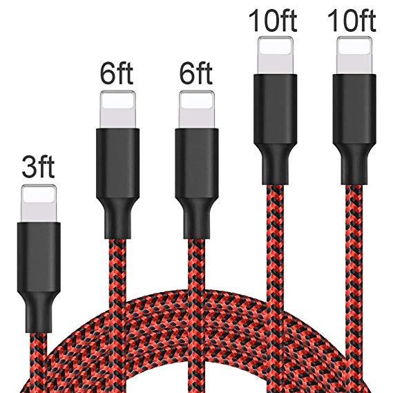 iPhone Charger, Mfi Certified Lightning Cables 5Pack 3Ft 6Ft 10Ft to USB Syncing Data and Nylon Braided Cord Charger for iPhone XS/Max/XR/X/8/8Plus/7/7Plus/6S/Plus/SE/iPad and More