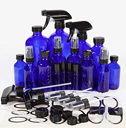 Vivaplex, Cobalt Blue, Glass Bottle Set, 16oz (x2), 8oz (x2) with Trigger Sprayers. 4oz (x4), 2oz (x4) with Fine Mist Sprayers, 10 ml Stainless steel Roller Bottles (x4) - Plus Accessories