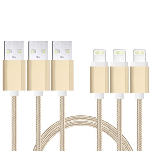 Charm sonic 3Pack(3Meters,1.5Meters,1Meters),USB Charger Cable, Lightning Cable Power Cord Connector with Nylon Braided (golden)