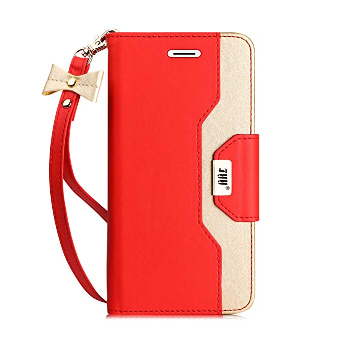 FYY Leather Case with Mirror for iPhone 8 Plus/iPhone 7 Plus, Leather Wallet Flip Folio Case with Mirror and Wrist Strap for iPhone 8 Plus/iPhone 7 Plus Red