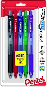 Pentel EnerGel-X Retractable Liquid Gel Pen, 0.5mm, Needle Tip, Assorted Ink, Pack of 5 (BLN105BP5M)