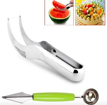 TOP RATED Premium Stainless Steel Watermelon Slicer, Cutter, Corer, Knife and Melon Server Tongs   FREE Melon baller/chisel/scooper for Fruit Decoration ($35 total value) WITH MONEY BACK GUARANTEE!
