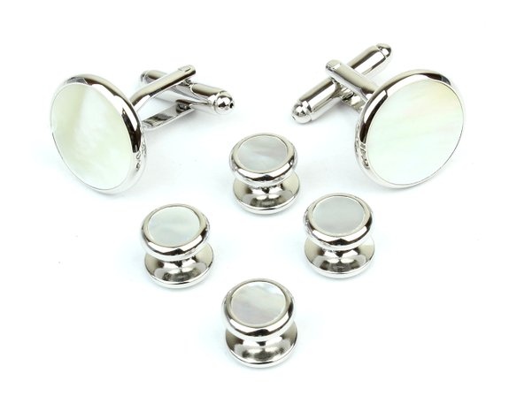 Round Silver Tone and Shell Inlay Men's Tuxedo Cufflinks and Dress Shirt Studs Set - Classic Formal Wear