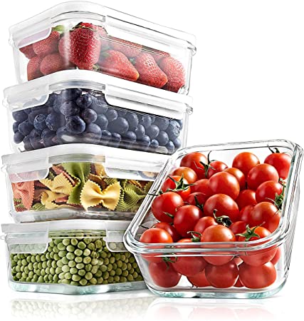 Superior Glass Food Storage Containers - 10 Piece Stackable Glass Meal-prep Containers -Newly Innovated Hinged BPA-Free 100% Leakproof Locking Lids w/ Air Hole - Freezer-to-Oven-Safe -NutriChef NCCLX5