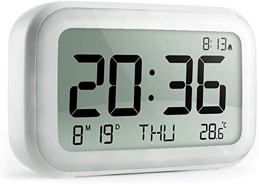 OVEKI Digital Alarm Clock, Small Battery Operated Travel Alarm Clock,Date and Temperature Show,IP4 Waterproof Clock for Bedrooms, Bedside, Desk, Shelf (White)