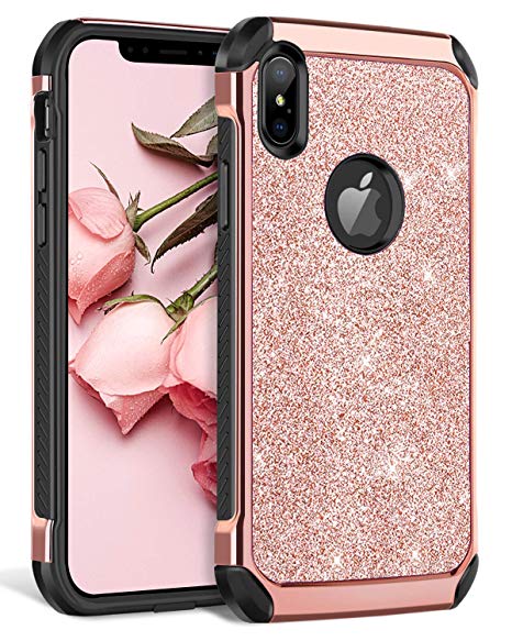 BENTOBEN iPhone Xs Max Case, iPhone Xs  Bling Glitter Slim Shockproof Two Layer Protective Shiny Girl Women Faux Leather Full Body Soft Bumper Phone Cover for Apple iPhone Xs Max 6.5”, Rose Gold