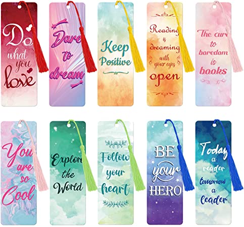 20 Pieces Inspirational Quote Bookmark with Tassel Motivational Bookmarks Positive Page Marker for School Office Students Bookworm Presents, 10 Designs