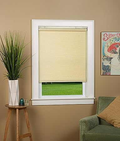 Green Mountain Vista Textured Natural Color Woven Cordless Spring Roller Shade - Size 34" Wide x 72" Long, Cordless Blind & Shade for Home Windows and Doors, Light Filtering, Total Privacy Blind/Shade