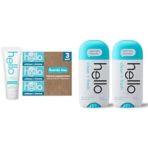 Hello Antiplaque Toothpaste, Fluoride Free for Teeth Whitening with Natural Peppermint Flavor & Activated Charcoal Fresh and Clean Deodorant for Women   Men, Aluminum Free, Baking Soda Free